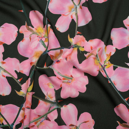 Polyester Crepe-Back Satin - Bright Pink and Black Floral - Mood Exclusive Sakura Whispers Print