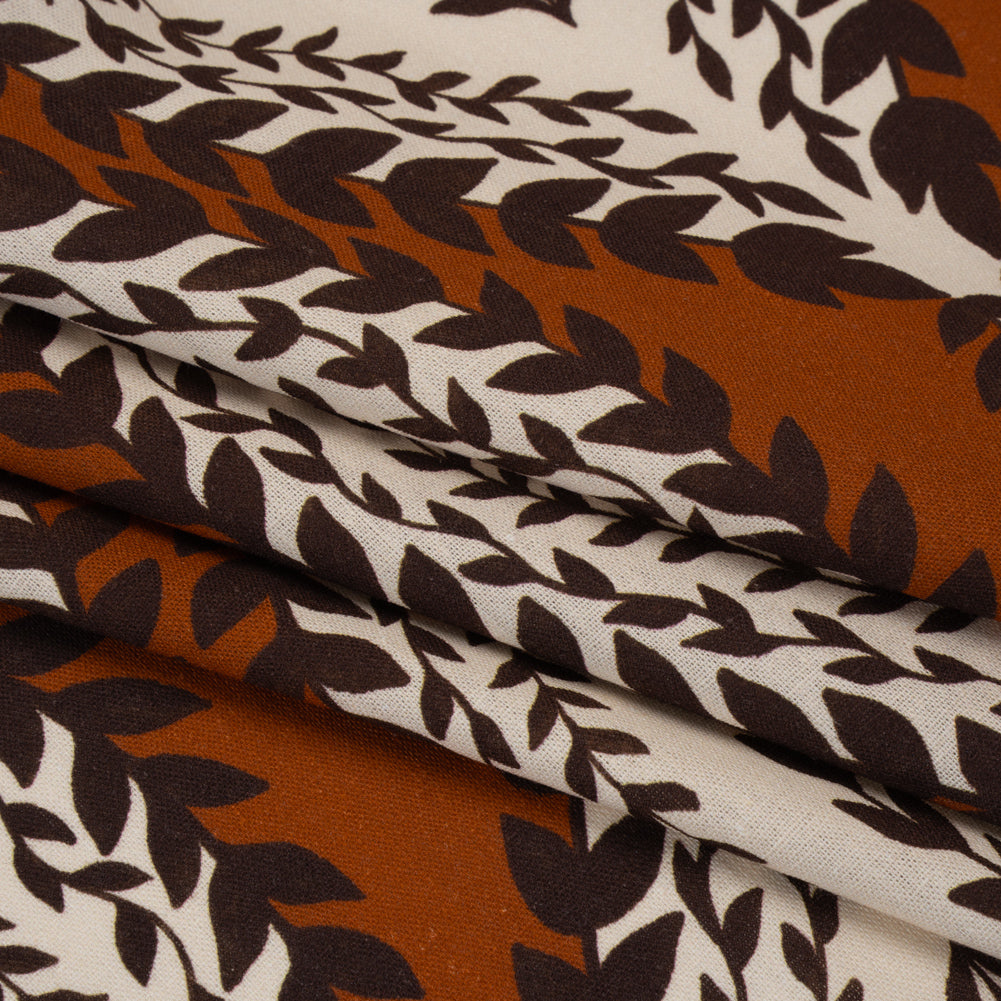 Linen and Rayon Woven - Burnt Orange, Brown and Cream Leafy Ogees - Mood Exclusive Lazy River Print - Folded