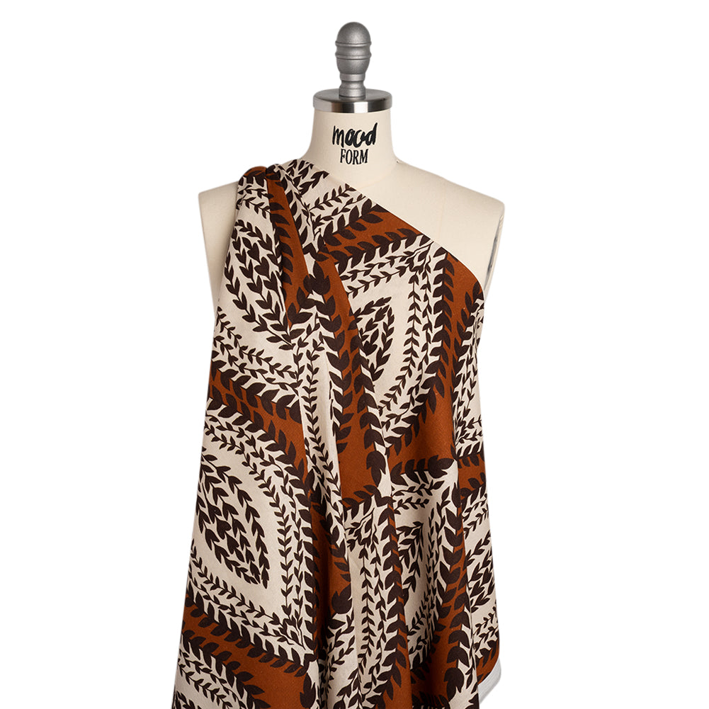 Linen and Rayon Woven - Burnt Orange, Brown and Cream Leafy Ogees - Mood Exclusive Lazy River Print - Drape