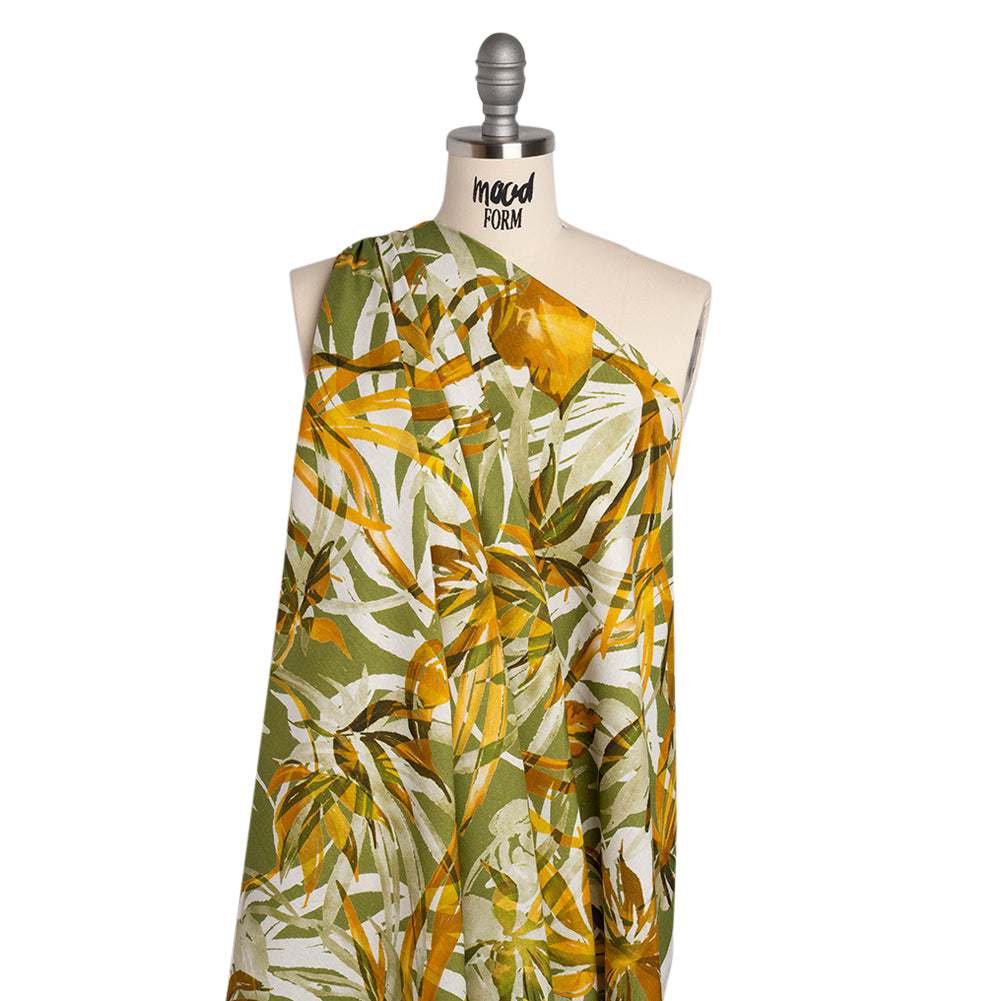 Linen and Rayon Woven - Grass Green and Yellow Overlapping Leaves - Mood Exclusive Vine Vista Print - Drape