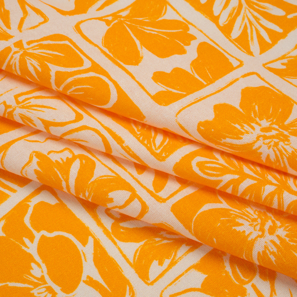 Linen and Rayon Woven - Sunshine Yellow and Cream Leaf and Flower Blocks - Mood Exclusive Terrarium Tendrils Print - Folded