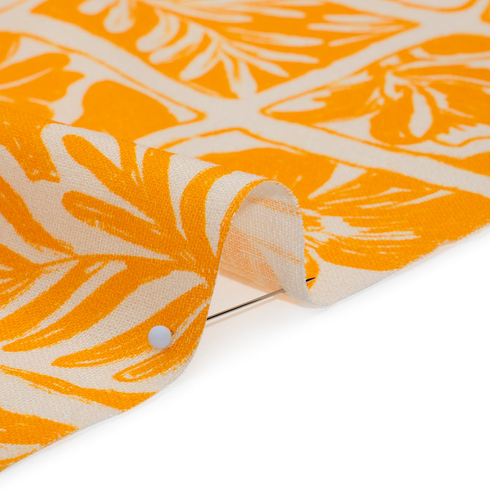 Linen and Rayon Woven - Sunshine Yellow and Cream Leaf and Flower Blocks - Mood Exclusive Terrarium Tendrils Print - Detail