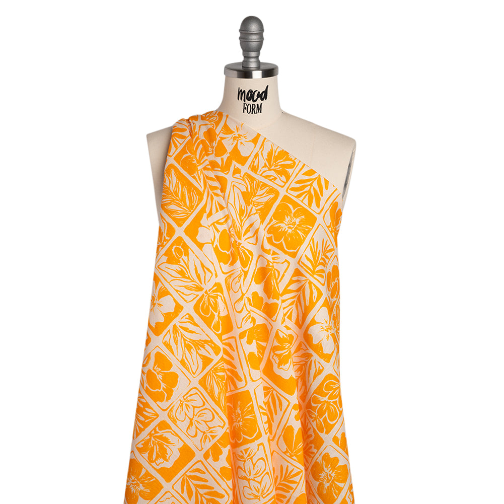 Linen and Rayon Woven - Sunshine Yellow and Cream Leaf and Flower Blocks - Mood Exclusive Terrarium Tendrils Print - Drape