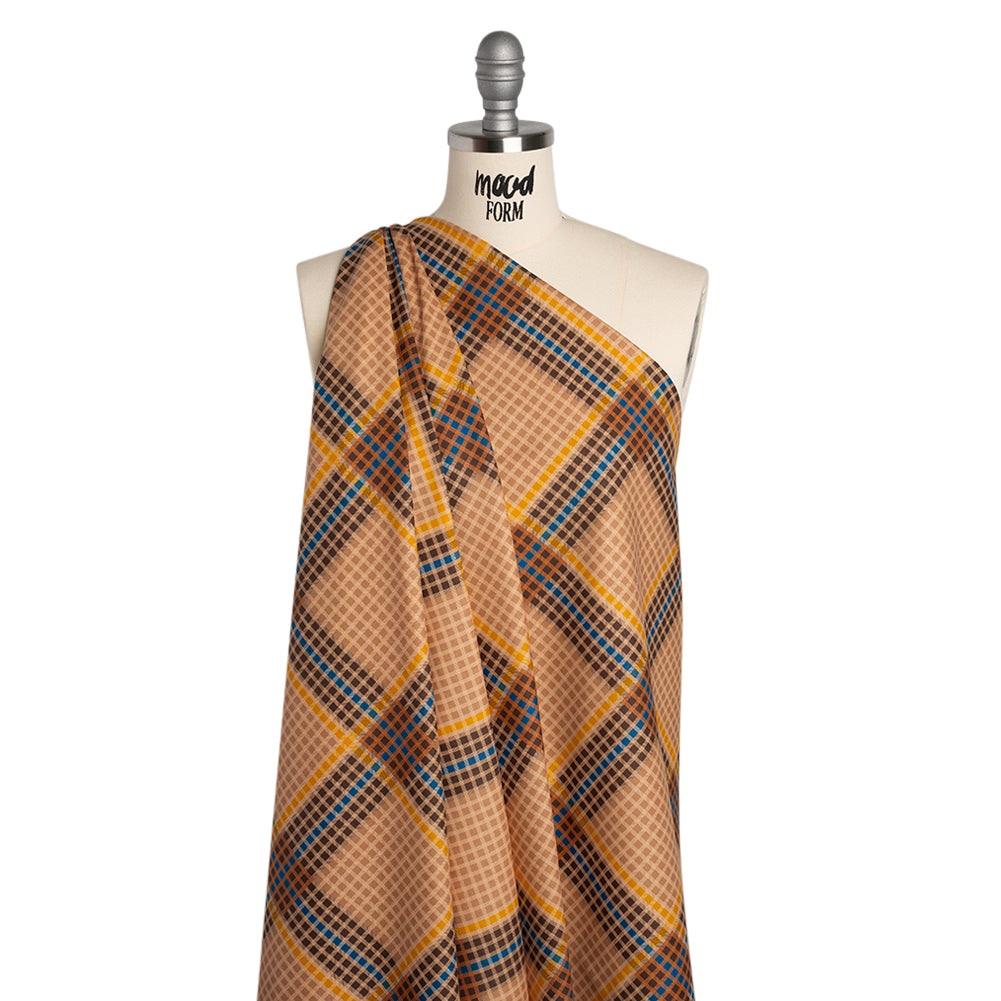 Peached Polyester Twill - Brown, Blue and Yellow Plaid - Mood Exclusive Plot Point Print - Drape