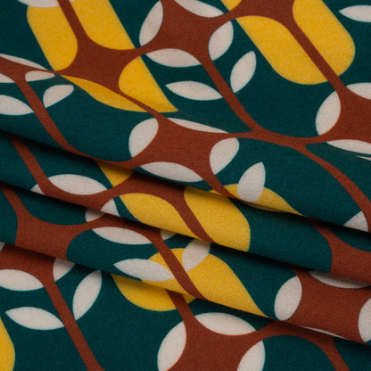 Viscose Crepe - Dark Teal, Yellow and Russet Brown Retro Geometric - Mood Exclusive Mod Logic Print Folded