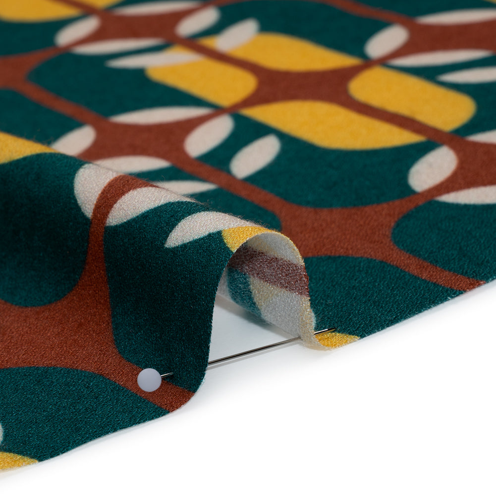 Viscose Crepe - Dark Teal, Yellow and Russet Brown Retro Geometric - Mood Exclusive Mod Logic Print Detail
