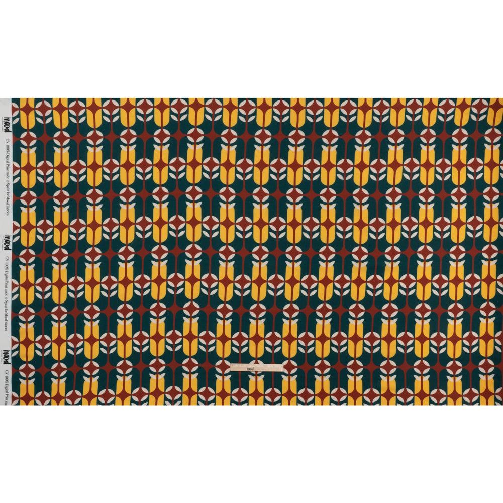 Viscose Crepe - Dark Teal, Yellow and Russet Brown Retro Geometric - Mood Exclusive Mod Logic Print Full