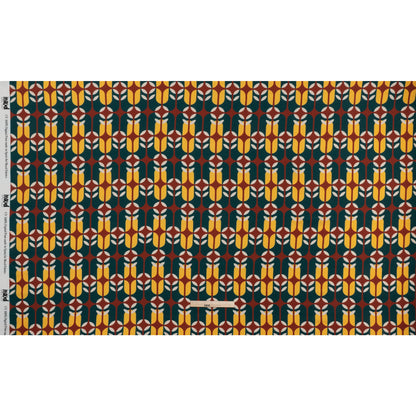 Viscose Crepe - Dark Teal, Yellow and Russet Brown Retro Geometric - Mood Exclusive Mod Logic Print Full