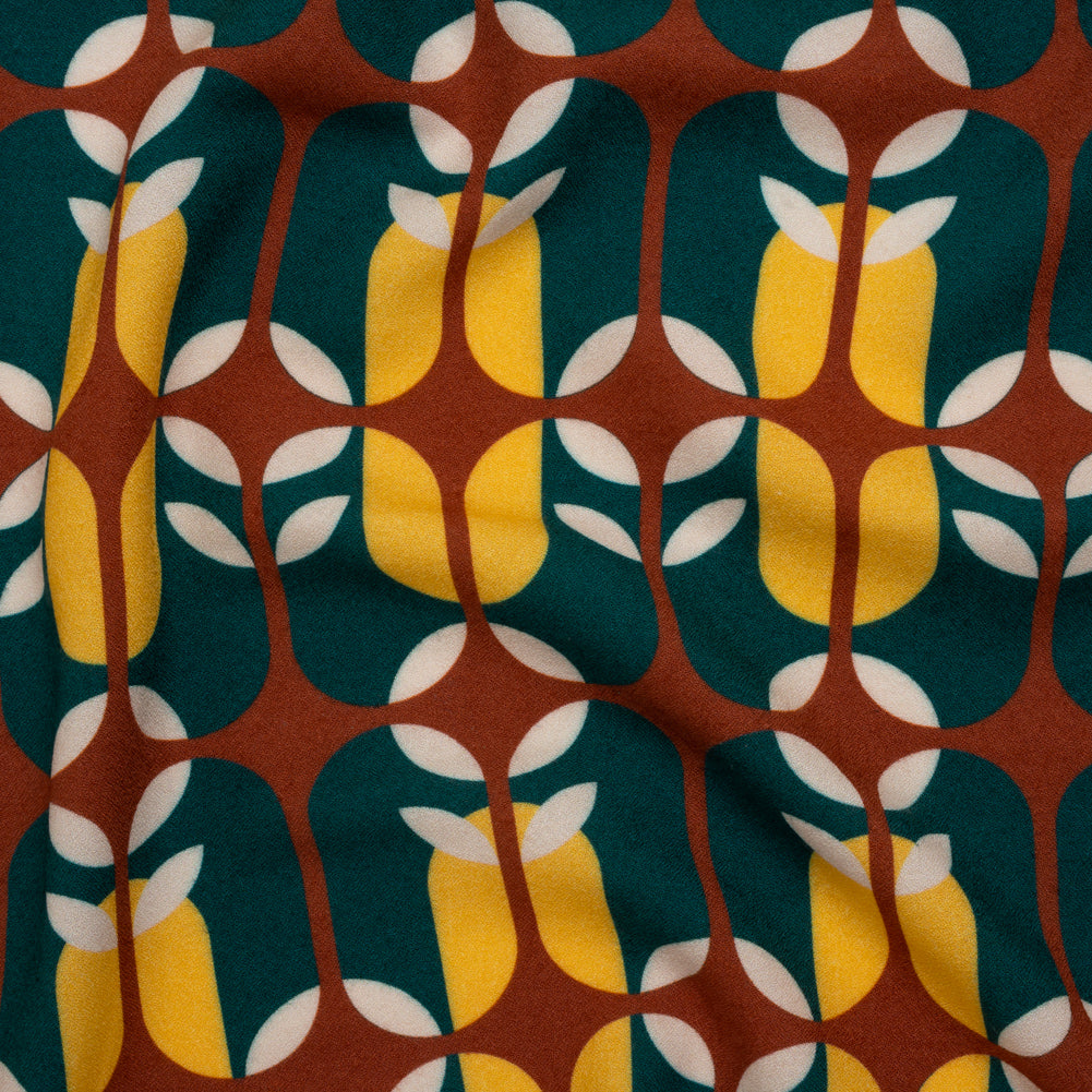 Viscose Crepe - Dark Teal, Yellow and Russet Brown Retro Geometric - Mood Exclusive Mod Logic Print