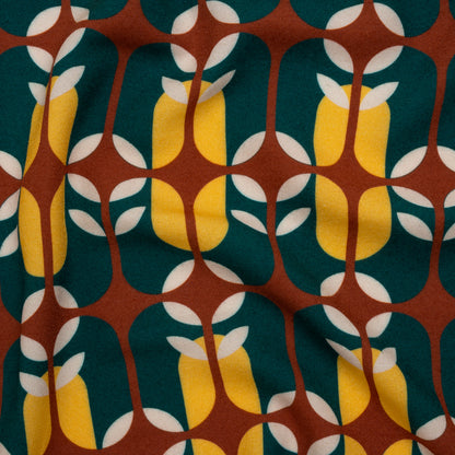 Viscose Crepe - Dark Teal, Yellow and Russet Brown Retro Geometric - Mood Exclusive Mod Logic Print