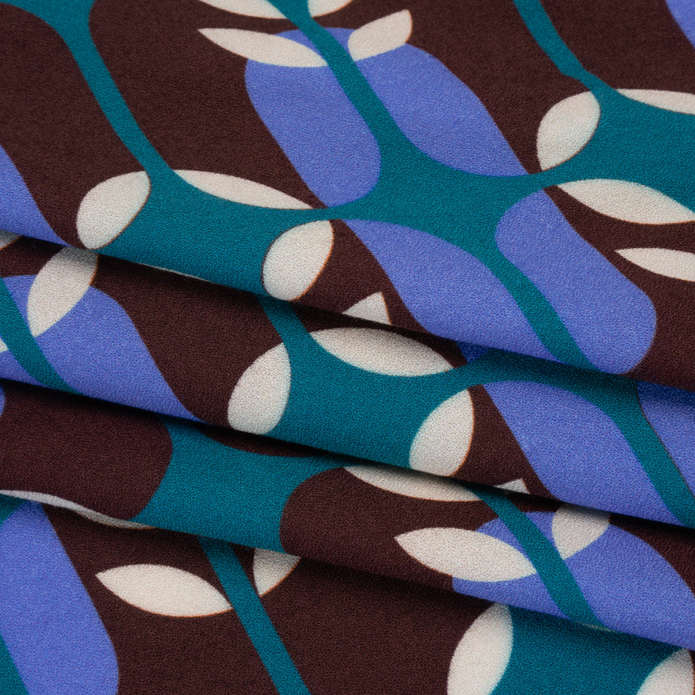Viscose Crepe - Chocolate Brown, Blue and Teal Retro Geometric - Mood Exclusive Mod Logic Print - Folded