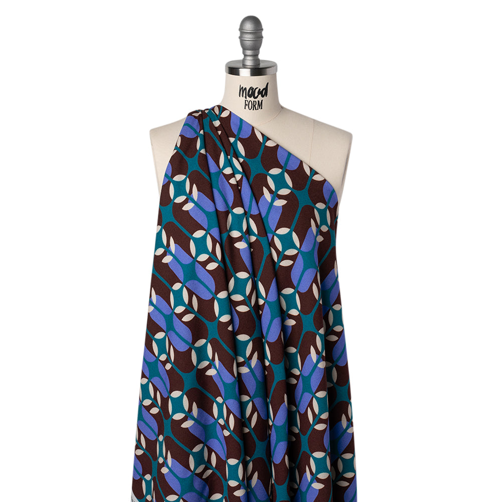 Viscose Crepe - Chocolate Brown, Blue and Teal Retro Geometric - Mood Exclusive Mod Logic Print - Drape