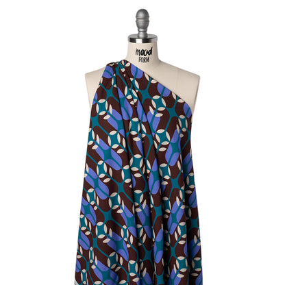 Viscose Crepe - Chocolate Brown, Blue and Teal Retro Geometric - Mood Exclusive Mod Logic Print