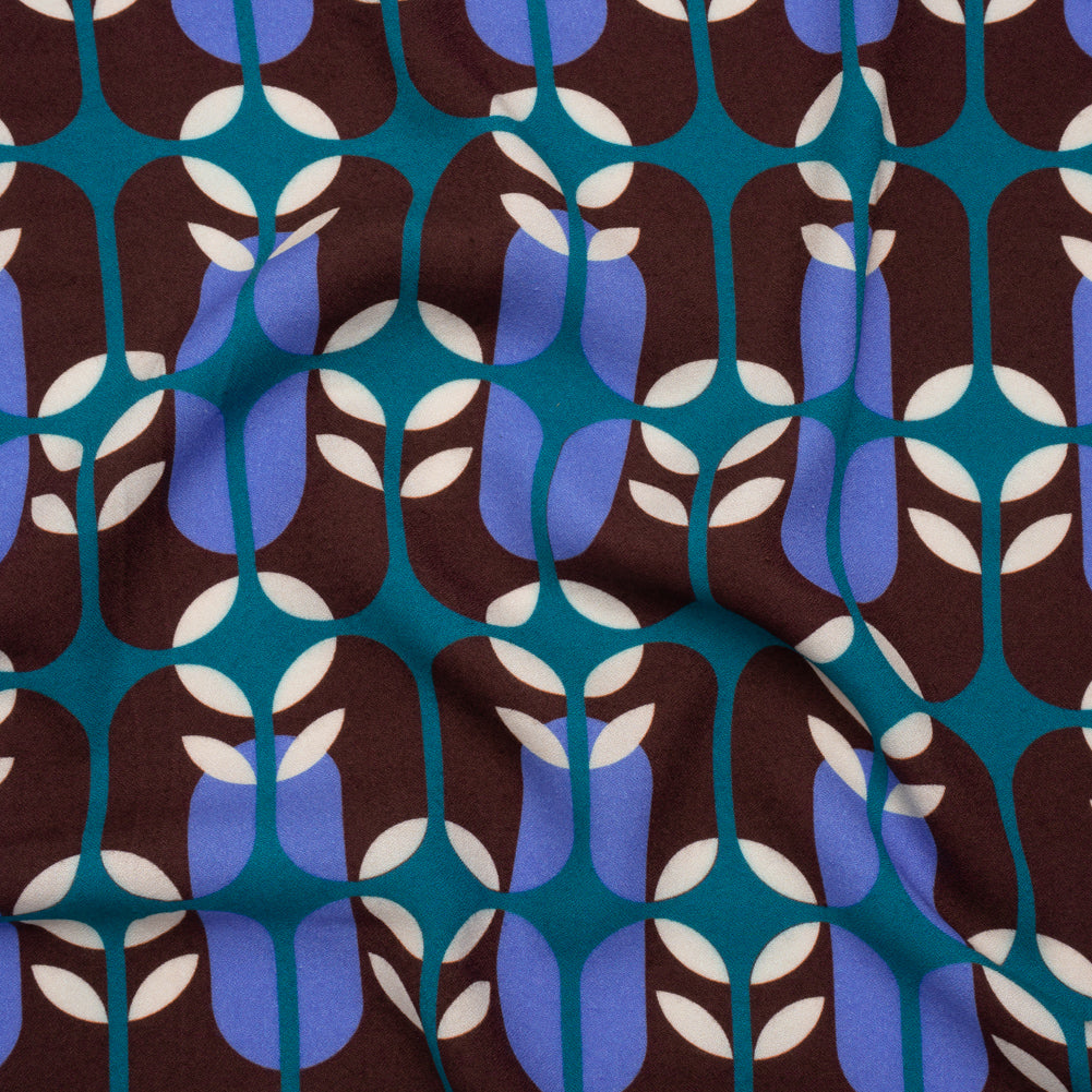 Viscose Crepe - Chocolate Brown, Blue and Teal Retro Geometric - Mood Exclusive Mod Logic Print