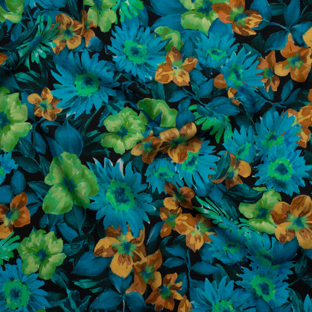 Rayon Challis - Blue, Green and Gold Painted Flowers - Mood Exclusive Watercolor Wonderland Print