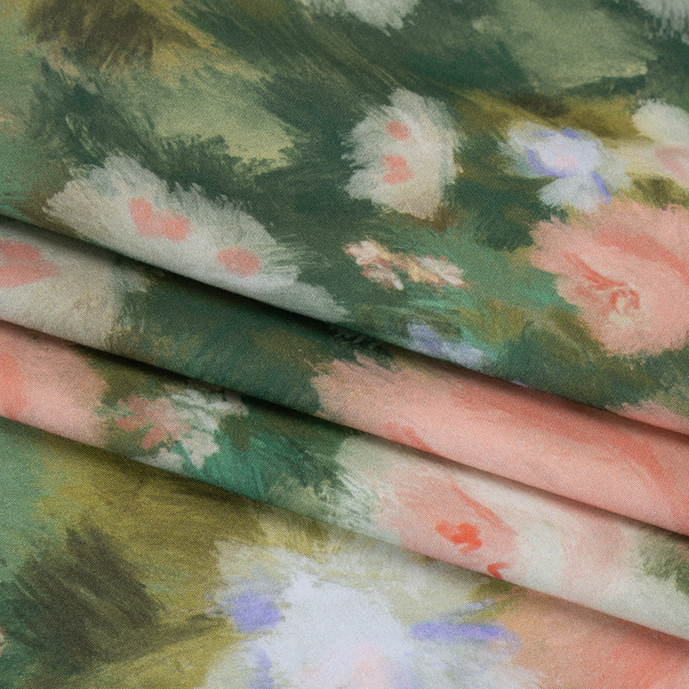 Rayon Challis - Green, Pink and Pale Purple Painterly Flowers - Mood Exclusive Impressions of Spring Print - Folded
