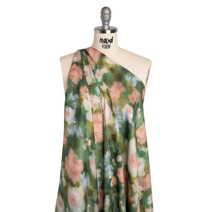 Rayon Challis - Green, Pink and Pale Purple Painterly Flowers - Mood Exclusive Impressions of Spring Print