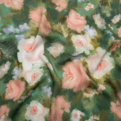 Rayon Challis - Green, Pink and Pale Purple Painterly Flowers - Mood Exclusive Impressions of Spring Print