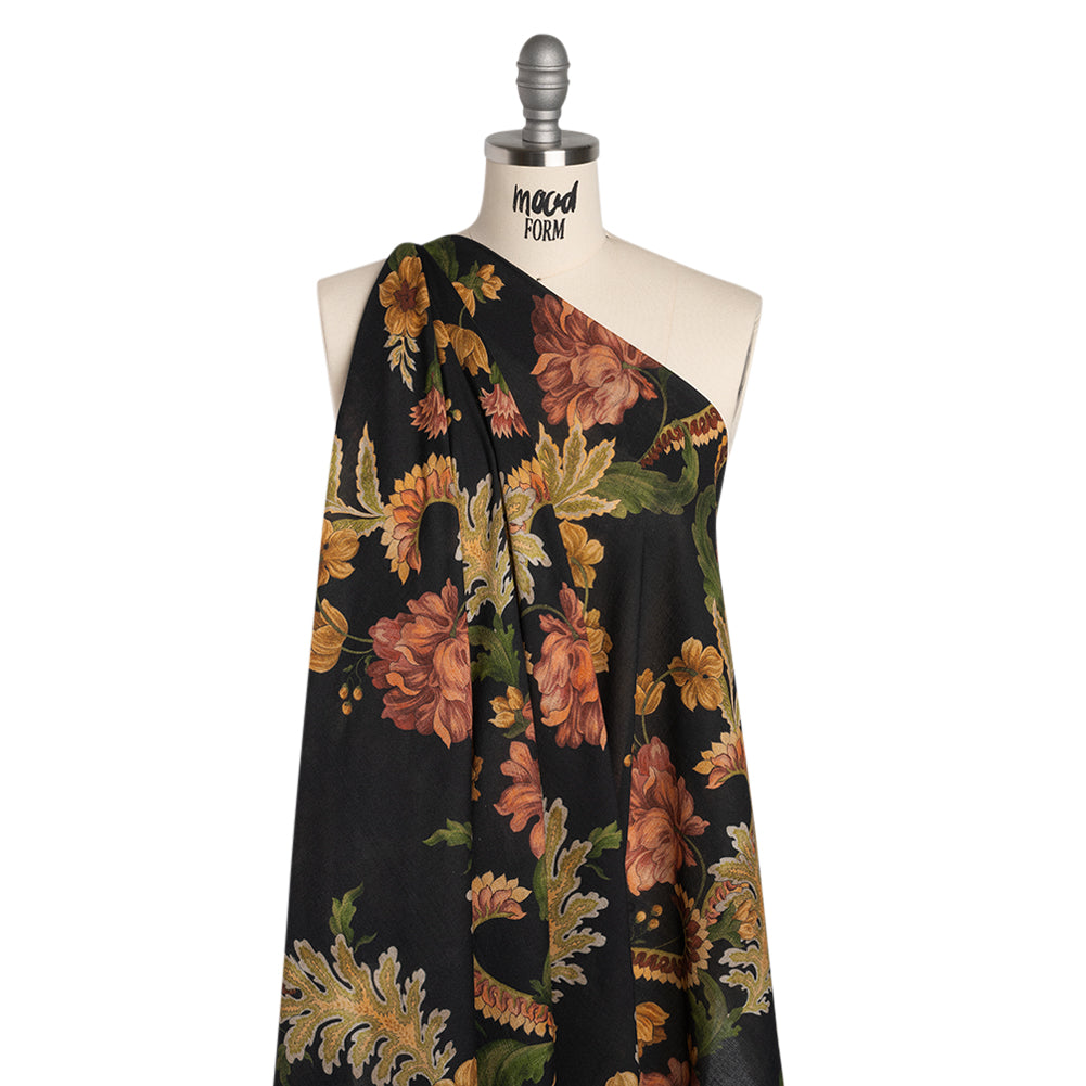 Cotton Crepe - Black, Dark Red and Golden Ochre Moody Florals - Mood Exclusive Rose Renaissance Print - Folded