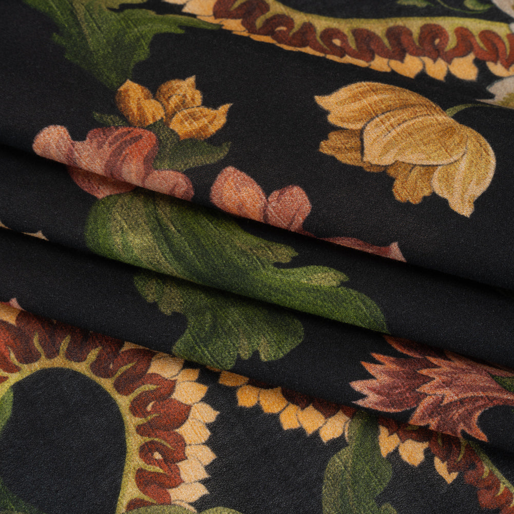 Cotton Crepe - Black, Dark Red and Golden Ochre Moody Florals - Mood Exclusive Rose Renaissance Print - Detail