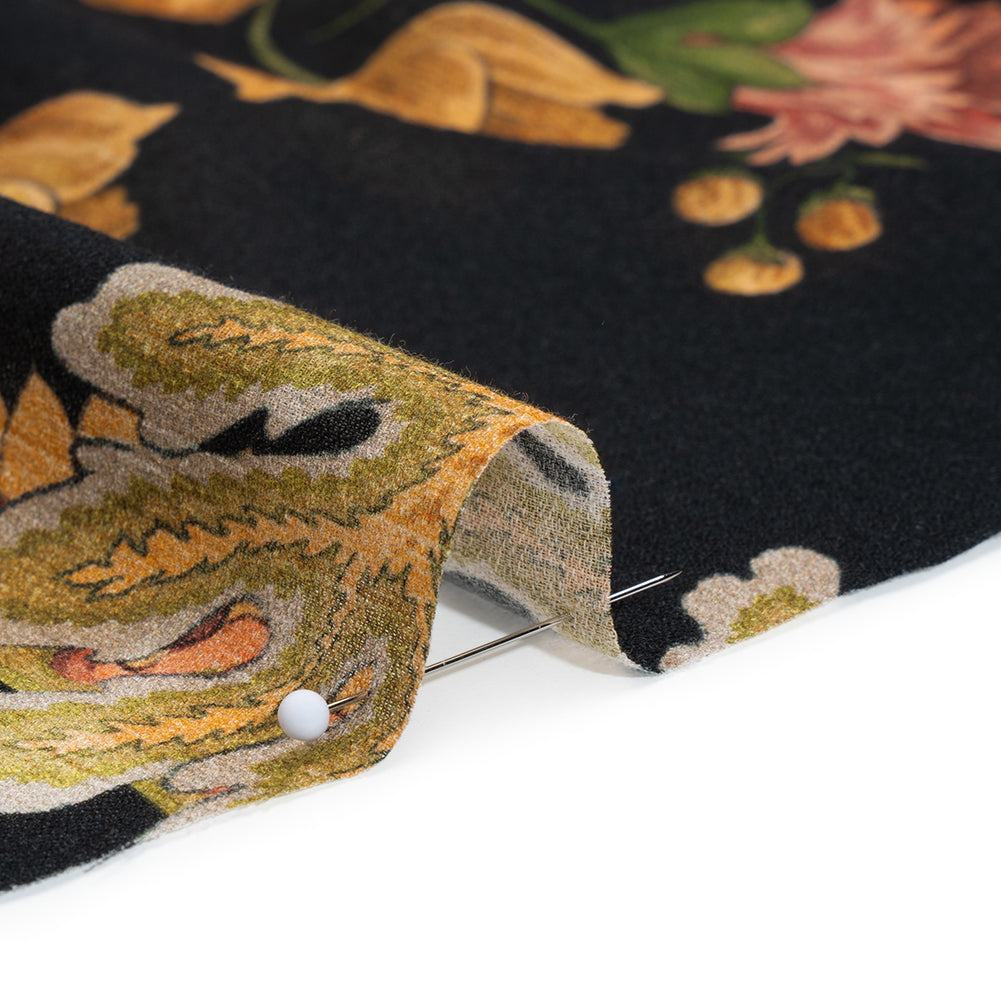 Cotton Crepe - Black, Dark Red and Golden Ochre Moody Florals - Mood Exclusive Rose Renaissance Print - Full - Image 4 of 6