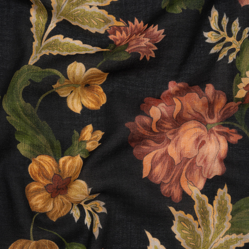 Cotton Crepe - Black, Dark Red and Golden Ochre Moody Florals - Mood Exclusive Rose Renaissance Print - Drape