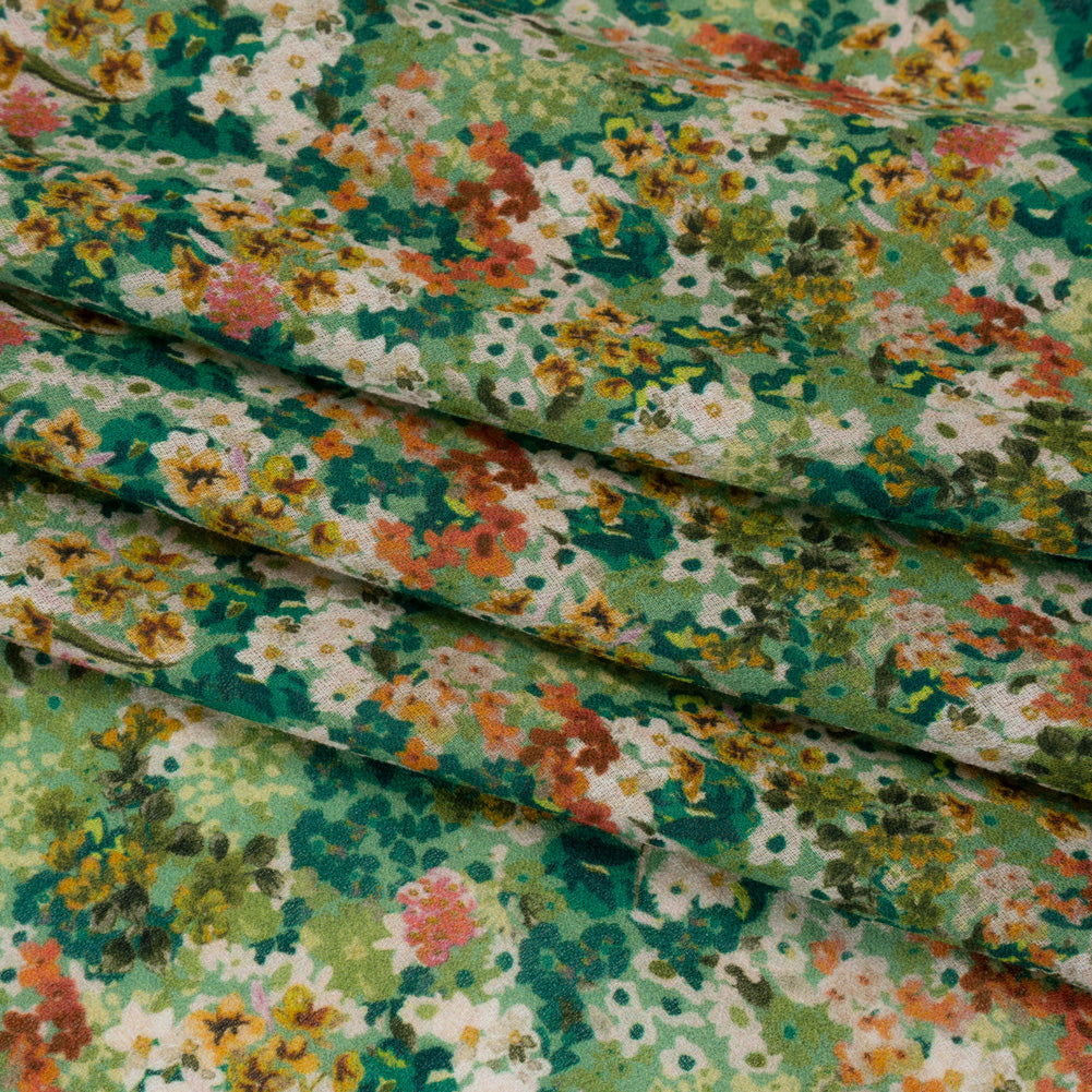 Cotton Crepe - Green, Orange and Cream Little Flowers - Mood Exclusive Greenhouse Garden Print - Folded