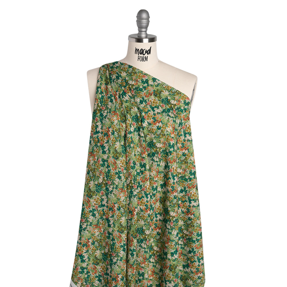 Cotton Crepe - Green, Orange and Cream Little Flowers - Mood Exclusive Greenhouse Garden Print - Drape