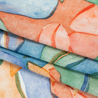 Slubbed Gauzy Cotton Woven - Green, Blue and Orange Watercolor Leaves - Mood Exclusive Cascading Canopy Print