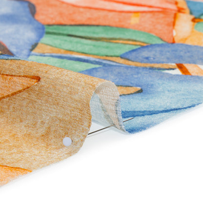Slubbed Gauzy Cotton Woven - Green, Blue and Orange Watercolor Leaves - Mood Exclusive Cascading Canopy Print