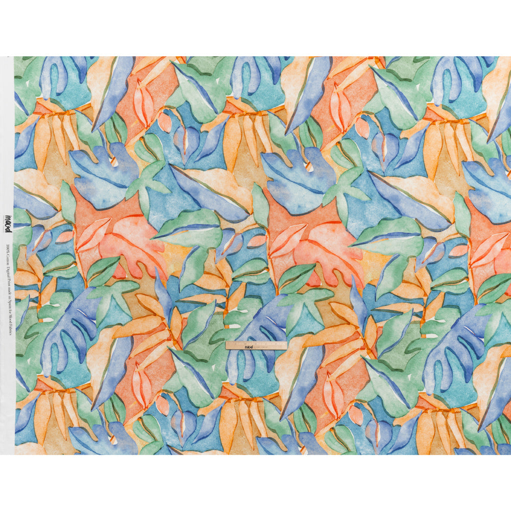 Slubbed Gauzy Cotton Woven - Green, Blue and Orange Watercolor Leaves - Mood Exclusive Cascading Canopy Print - Full