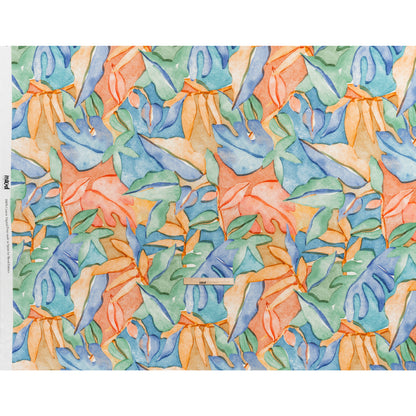 Slubbed Gauzy Cotton Woven - Green, Blue and Orange Watercolor Leaves - Mood Exclusive Cascading Canopy Print