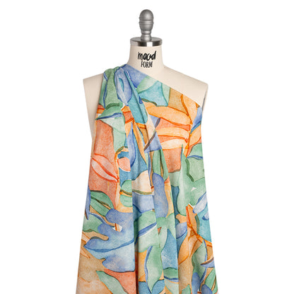 Slubbed Gauzy Cotton Woven - Green, Blue and Orange Watercolor Leaves - Mood Exclusive Cascading Canopy Print
