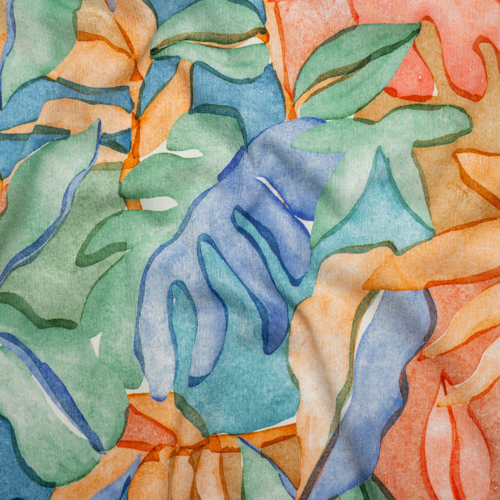 Slubbed Gauzy Cotton Woven - Green, Blue and Orange Watercolor Leaves - Mood Exclusive Cascading Canopy Print