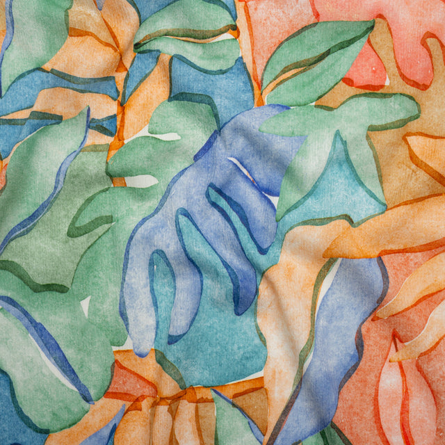 Slubbed Gauzy Cotton Woven - Green, Blue and Orange Watercolor Leaves - Mood Exclusive Cascading Canopy Print