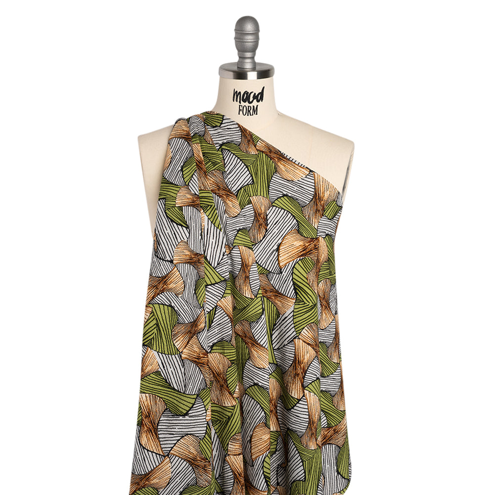 Slubbed Gauzy Cotton Woven - Green, Brown and White Abstract - Mood Exclusive Tantric Tessellations Print - Drape