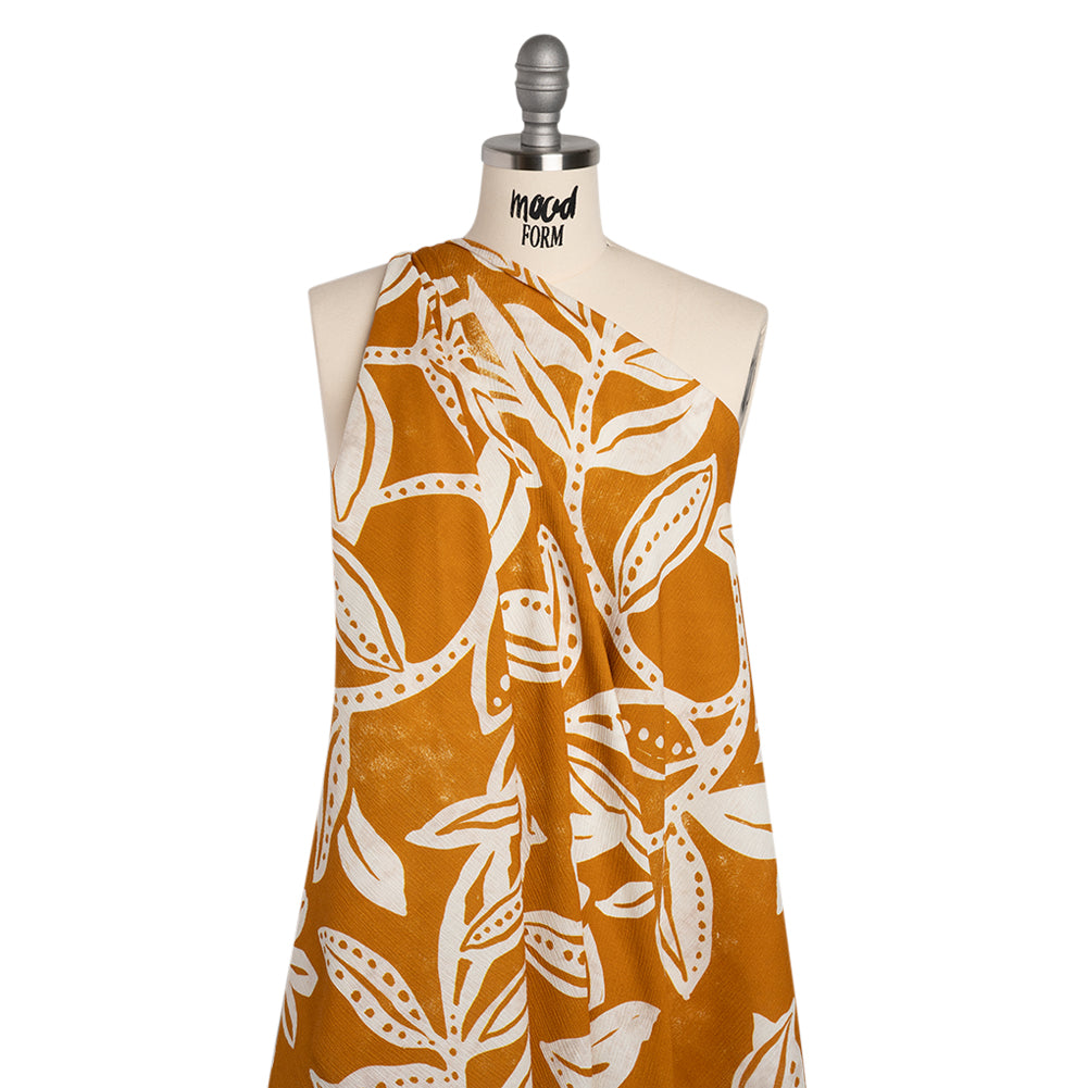 Slubbed Gauzy Cotton Woven - Orange Ochre and Cream Vines - Mood Exclusive Sandswept Tangle Print - Drape