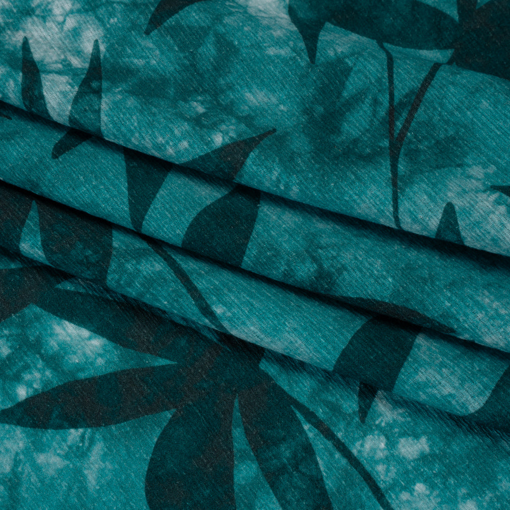 Slubbed Gauzy Cotton Woven - Teal and Turquoise Leaves on Tie Dye - Mood Exclusive Submerged Serenity Print - Folded