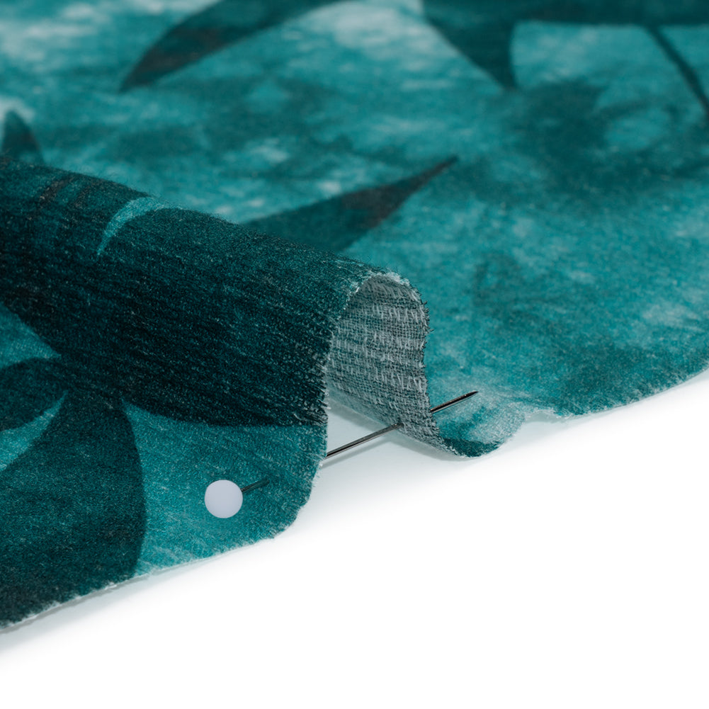 Slubbed Gauzy Cotton Woven - Teal and Turquoise Leaves on Tie Dye - Mood Exclusive Submerged Serenity Print - Detail