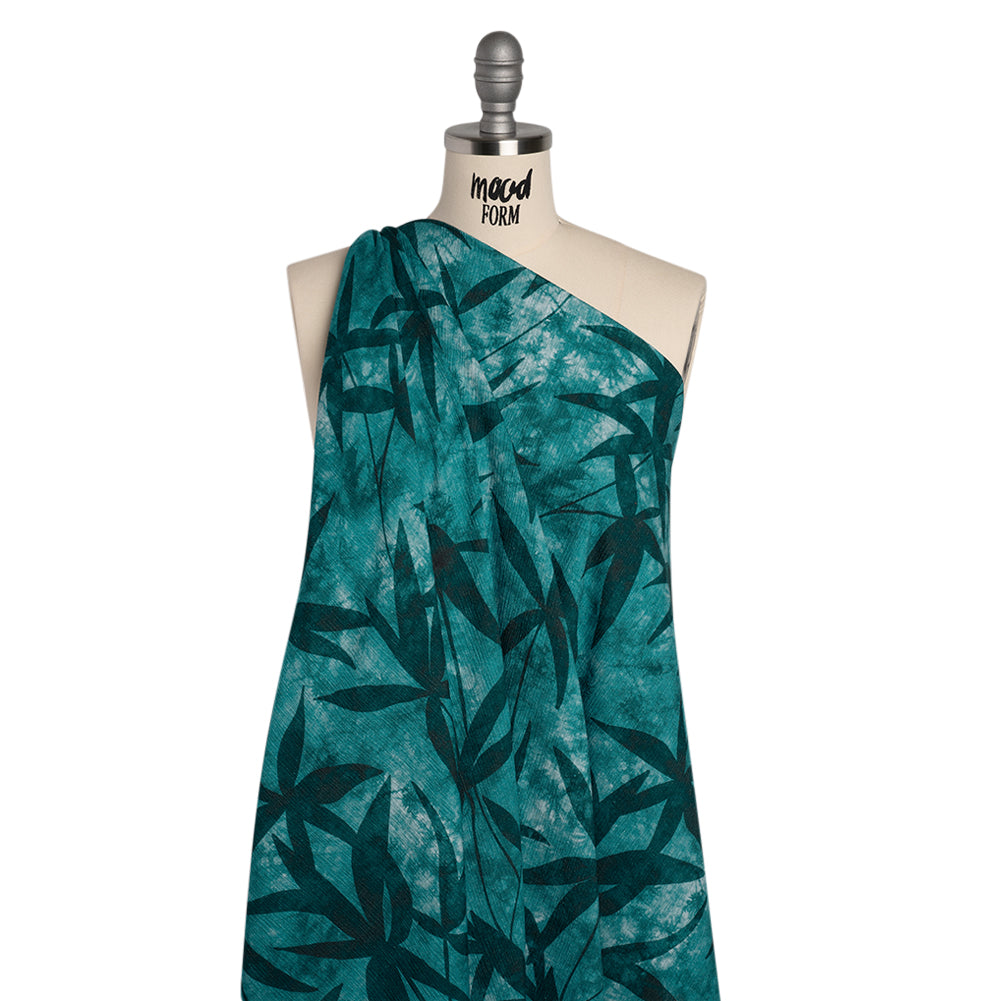 Slubbed Gauzy Cotton Woven - Teal and Turquoise Leaves on Tie Dye - Mood Exclusive Submerged Serenity Print - Drape