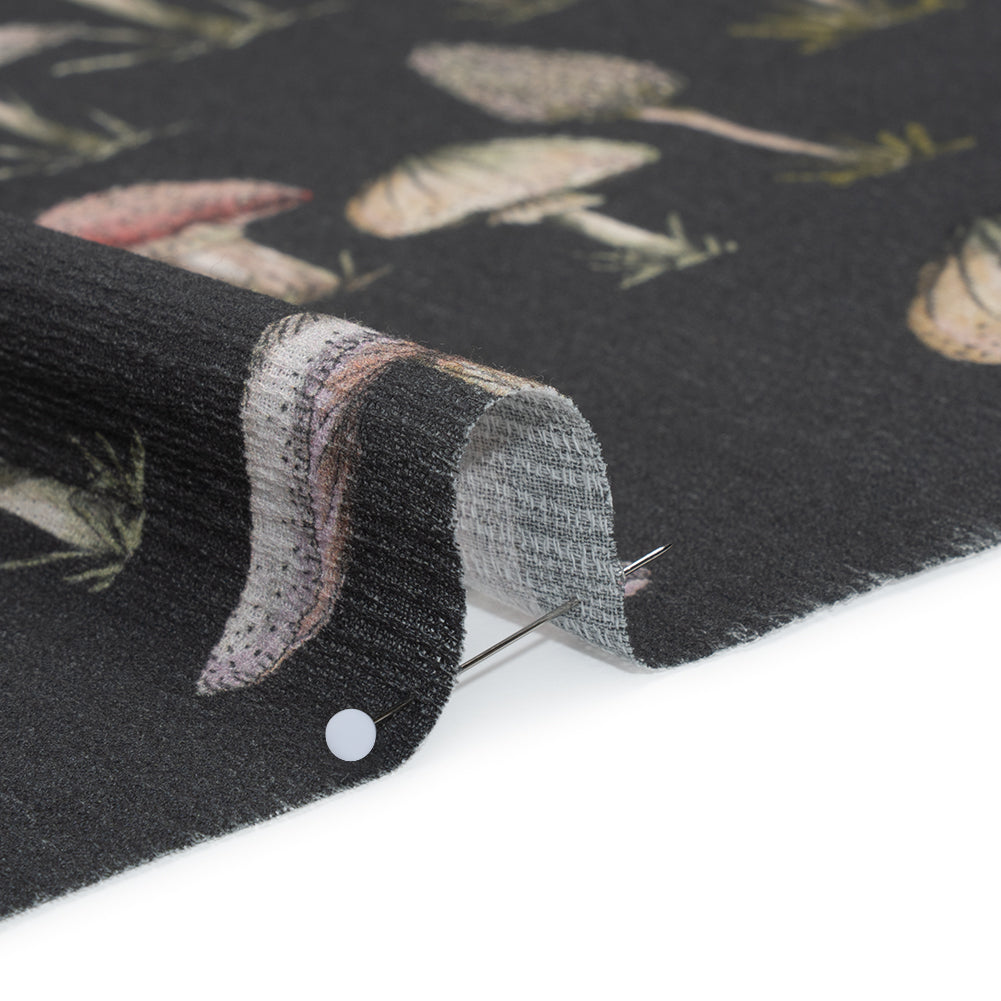 Slubbed Gauzy Cotton Woven - Charcoal, Red and Beige Mushrooms - Mood Exclusive Moonlit Mycelium Print - Detail