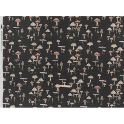 Slubbed Gauzy Cotton Woven - Charcoal, Red and Beige Mushrooms - Mood Exclusive Moonlit Mycelium Print
