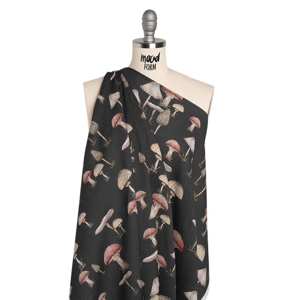 Slubbed Gauzy Cotton Woven - Charcoal, Red and Beige Mushrooms - Mood Exclusive Moonlit Mycelium Print - Drape