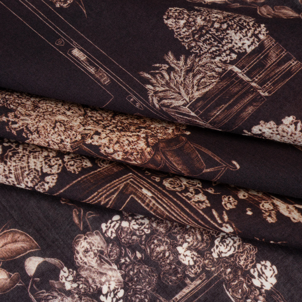 Crinkled Cotton Gauzy Woven - Dark Brown and Cream Flowers and Framed Photos - Mood Exclusive Coffee Date Print - Folded