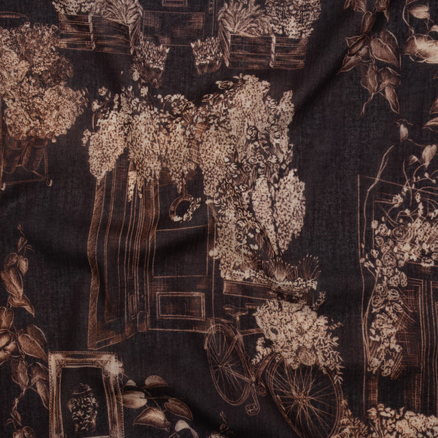 Crinkled Cotton Gauzy Woven - Dark Brown and Cream Flowers and Framed Photos - Mood Exclusive Coffee Date Print