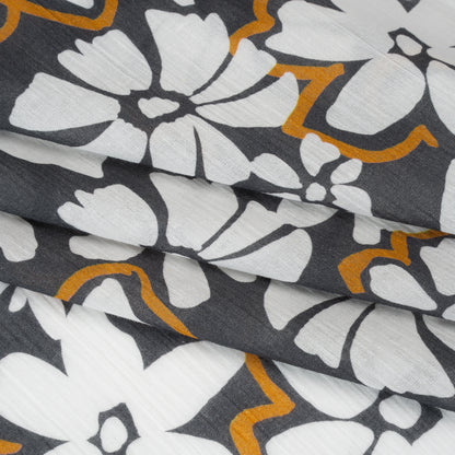 Crinkled Cotton Gauzy Woven - Charcoal Gray, Golden Orange and White Floral - Mood Exclusive Spring Squall Print