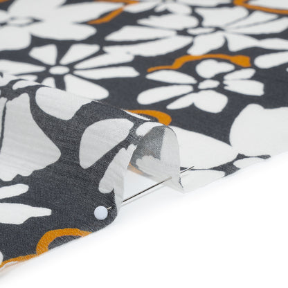 Crinkled Cotton Gauzy Woven - Charcoal Gray, Golden Orange and White Floral - Mood Exclusive Spring Squall Print