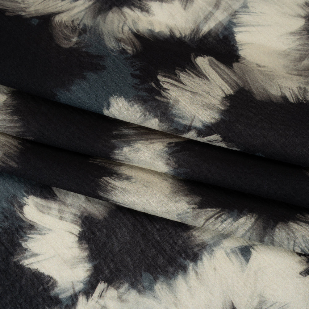 Crinkled Cotton Gauzy Woven - Dark Blue, Black and Cream Painterly Florals - Mood Exclusive Sunflower Strokes Print - Folded