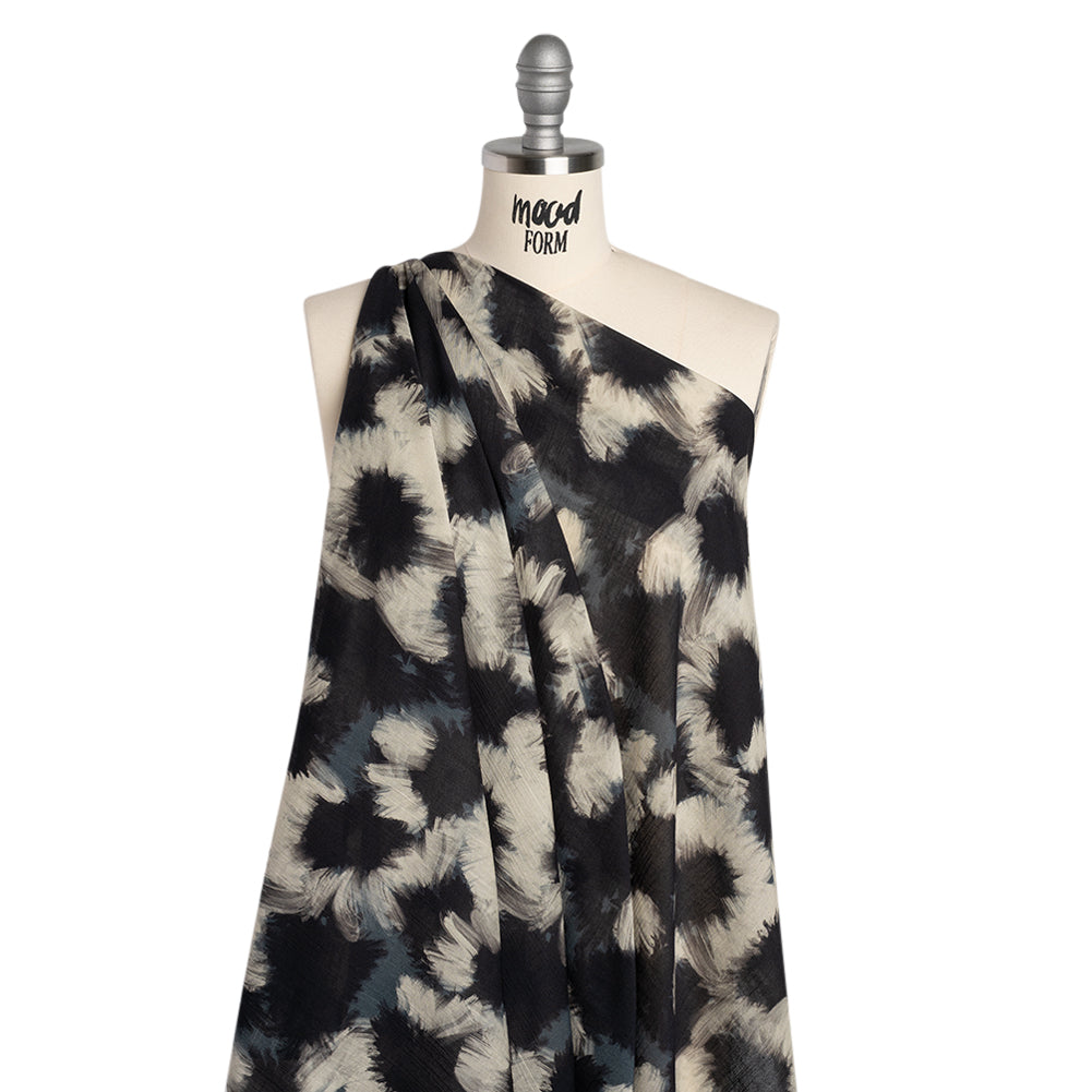 Crinkled Cotton Gauzy Woven - Dark Blue, Black and Cream Painterly Florals - Mood Exclusive Sunflower Strokes Print - Drape