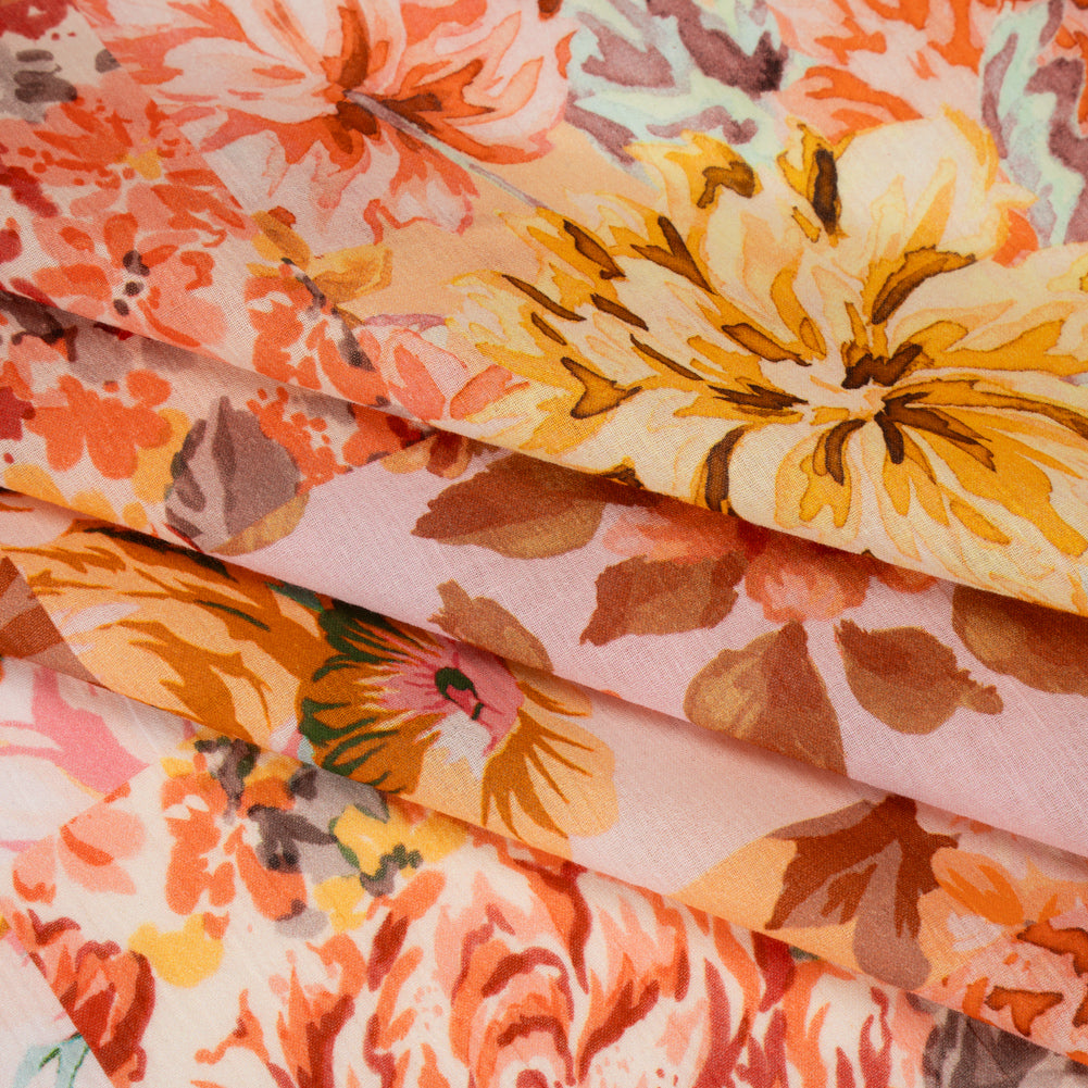 Crinkled Cotton Gauzy Woven - Orange, Peach and Sunny Yellow FLoral Patchwork - Mood Exclusive Sunset Sonata Print - Folded